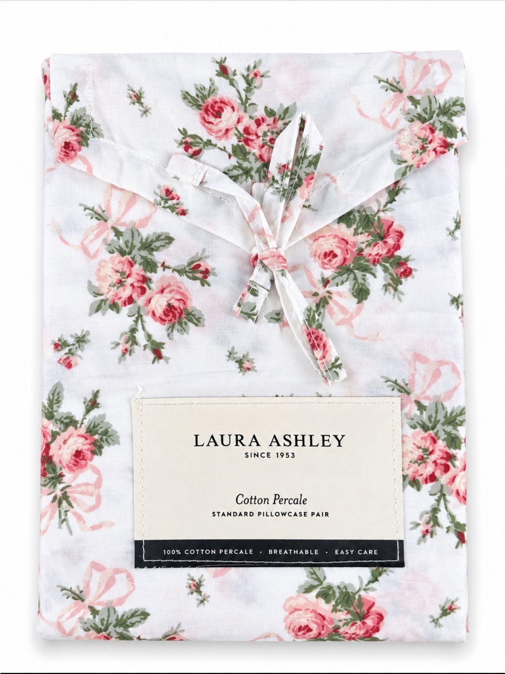 Laura Ashley Ribbon Bouquet Red Standard Pillowcase Pair Cotton Percale NWT